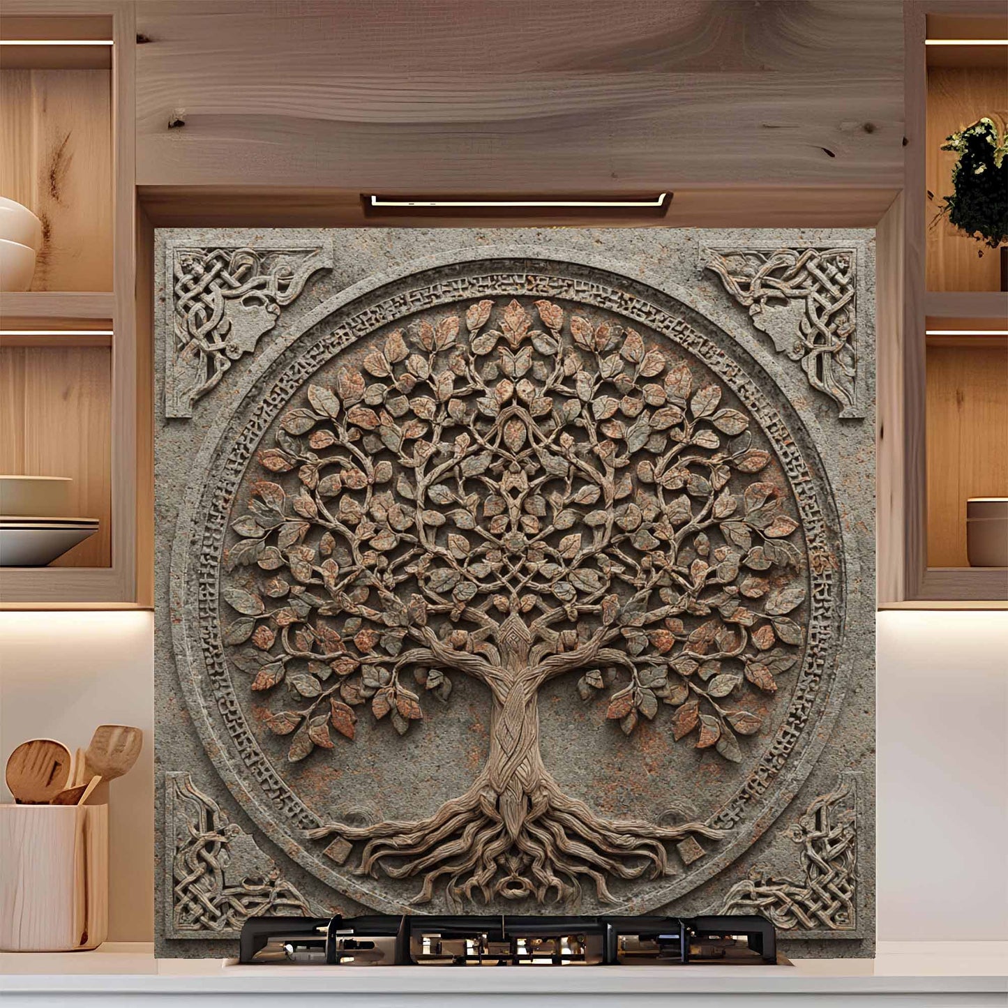 Iron Root Tempered Glass Backsplash – Tree of Life Kitchen Backsplash