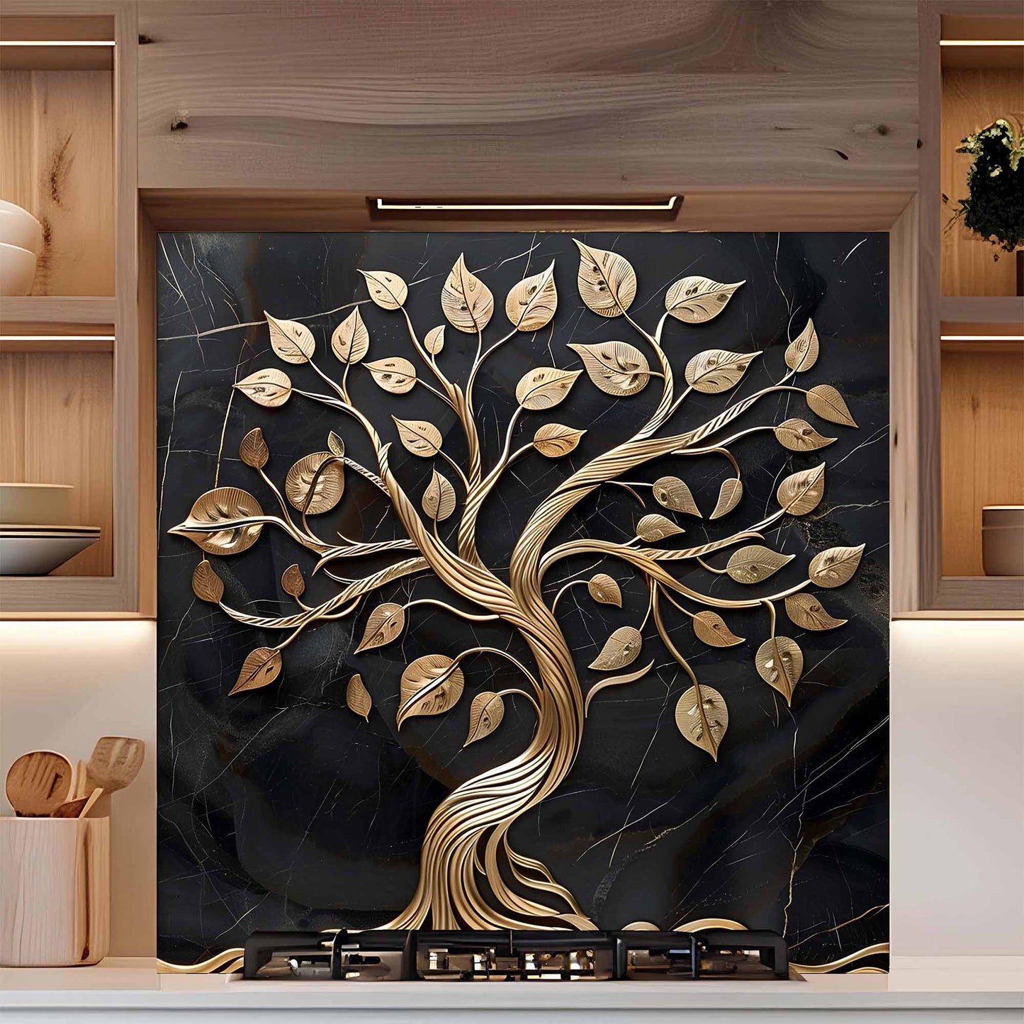 Golden Vine Tree Stove Backsplash – Tempered Glass Backsplash for Kitchen