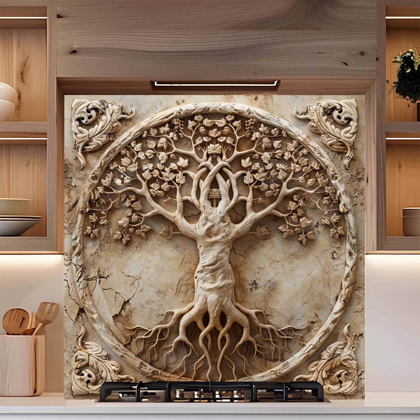 Sacred Blossom Tempered Glass Backsplash –  Tree of Life Kitchen Backsplash