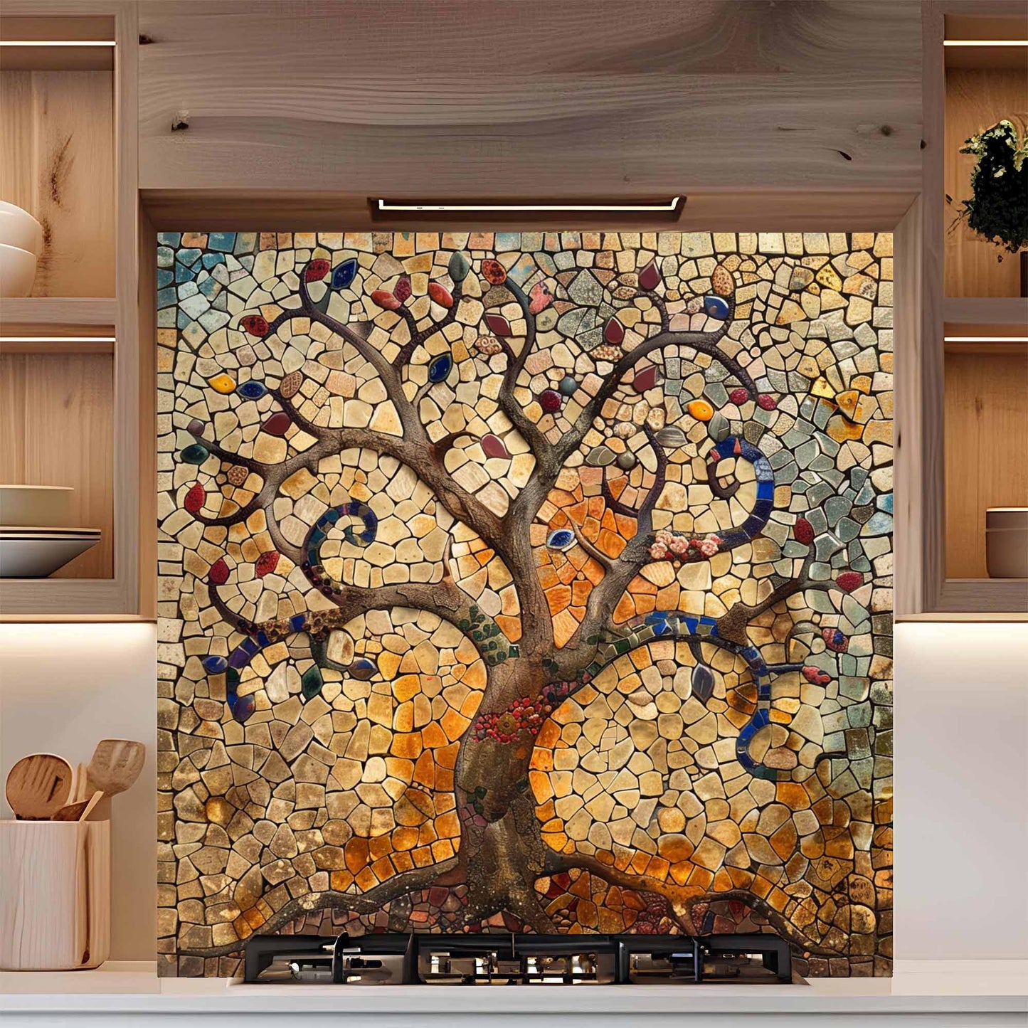 Tempered Glass Kitchen Backsplash – Mosaic Tree of Life Panel for Rustic & Artistic Kitchens