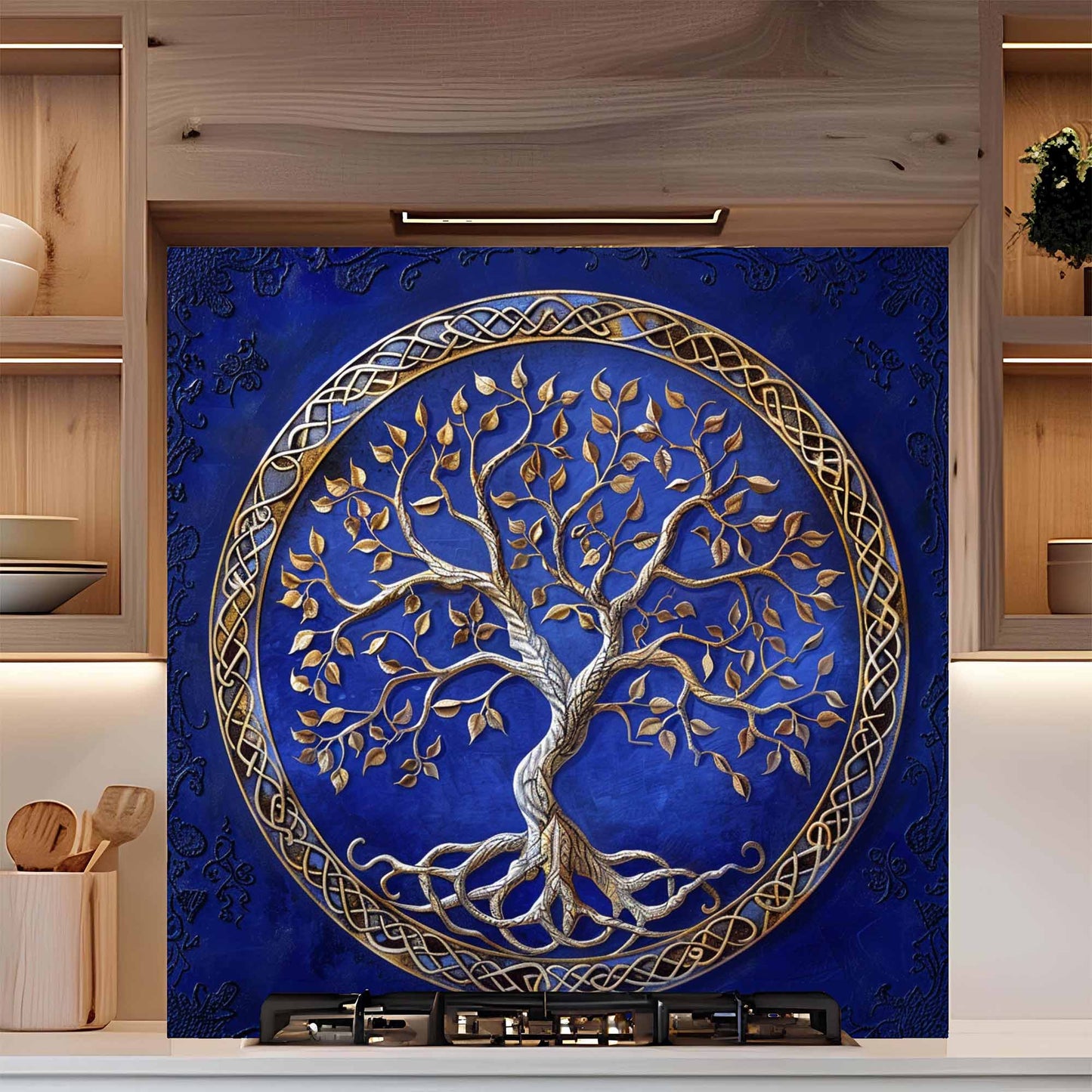 Gold Tree Tempered Glass Backsplash – Kitchen Glass Backsplash for Stove or Sink