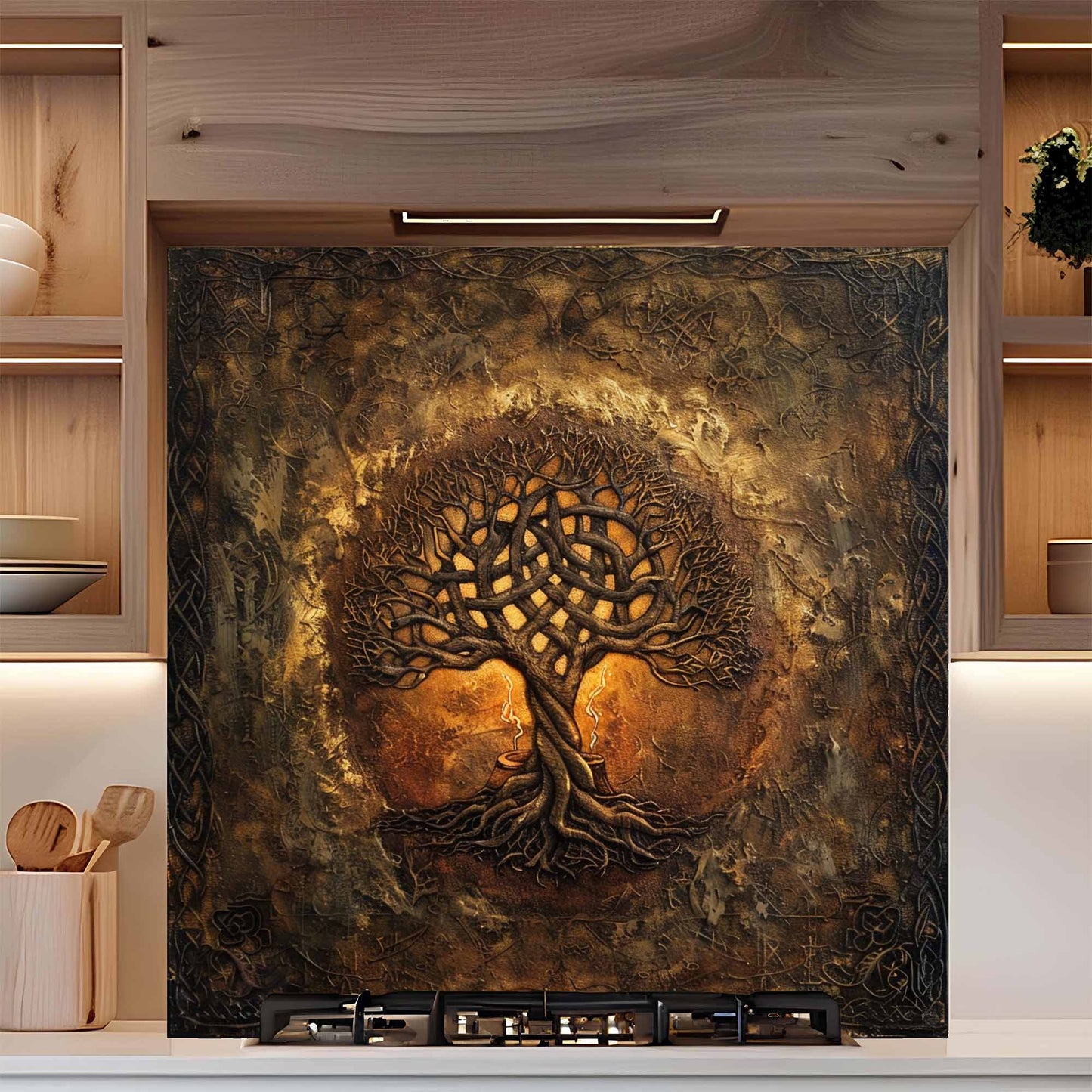 Mystic Ember Tempered Glass Backsplash – Tree of Life Kitchen Backsplash for Stove
