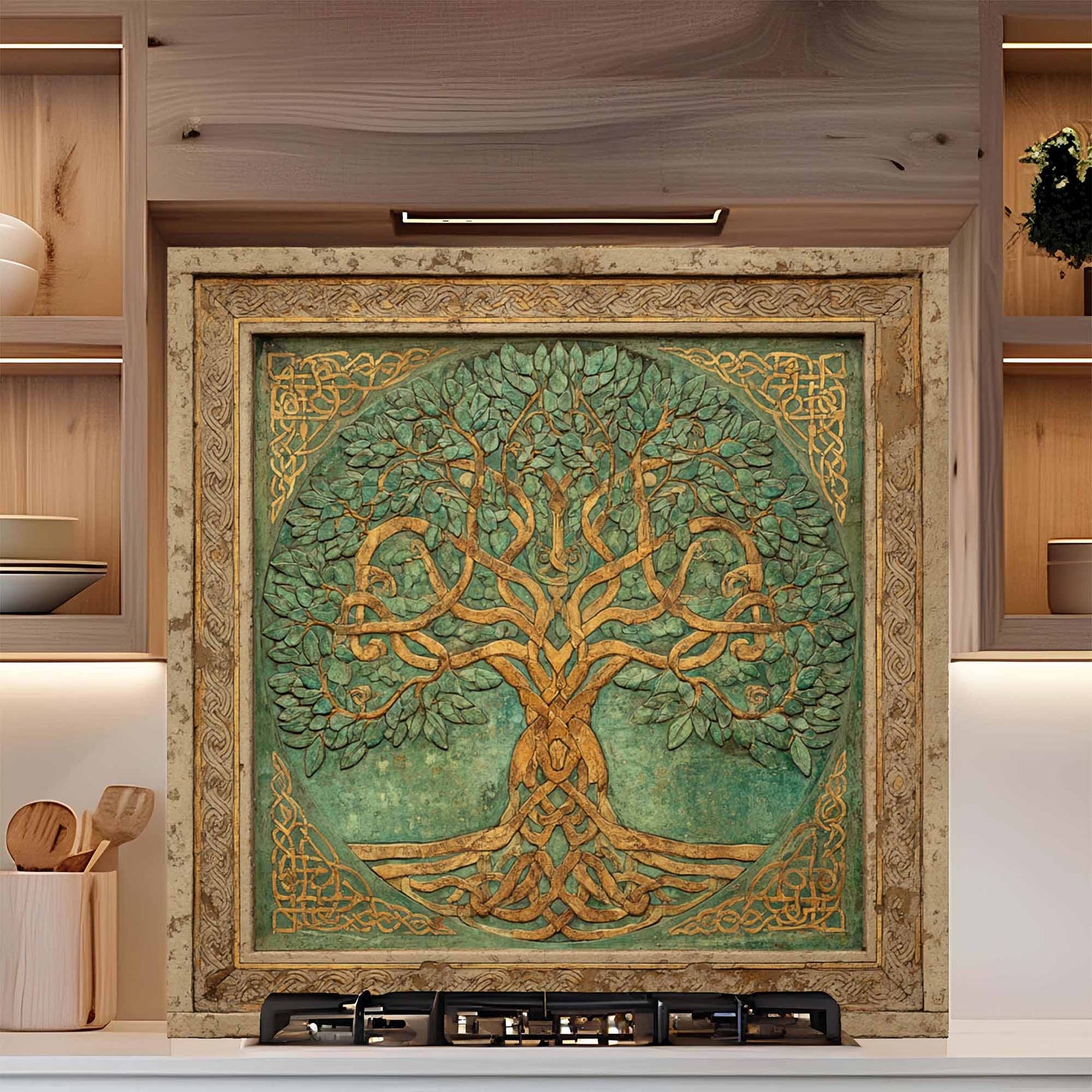 Emerald Gold Tree Tempered Glass Backsplash – Tree of Life Kitchen Backsplash