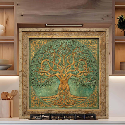 Emerald Gold Tree Tempered Glass Backsplash – Tree of Life Kitchen Backsplash