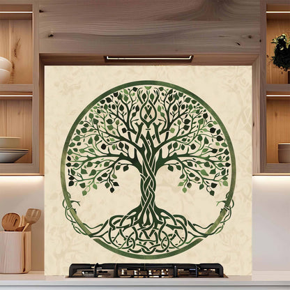 Celtic Roots Tempered Glass Backsplash – Green Tree of Life Kitchen Backsplash for Stove