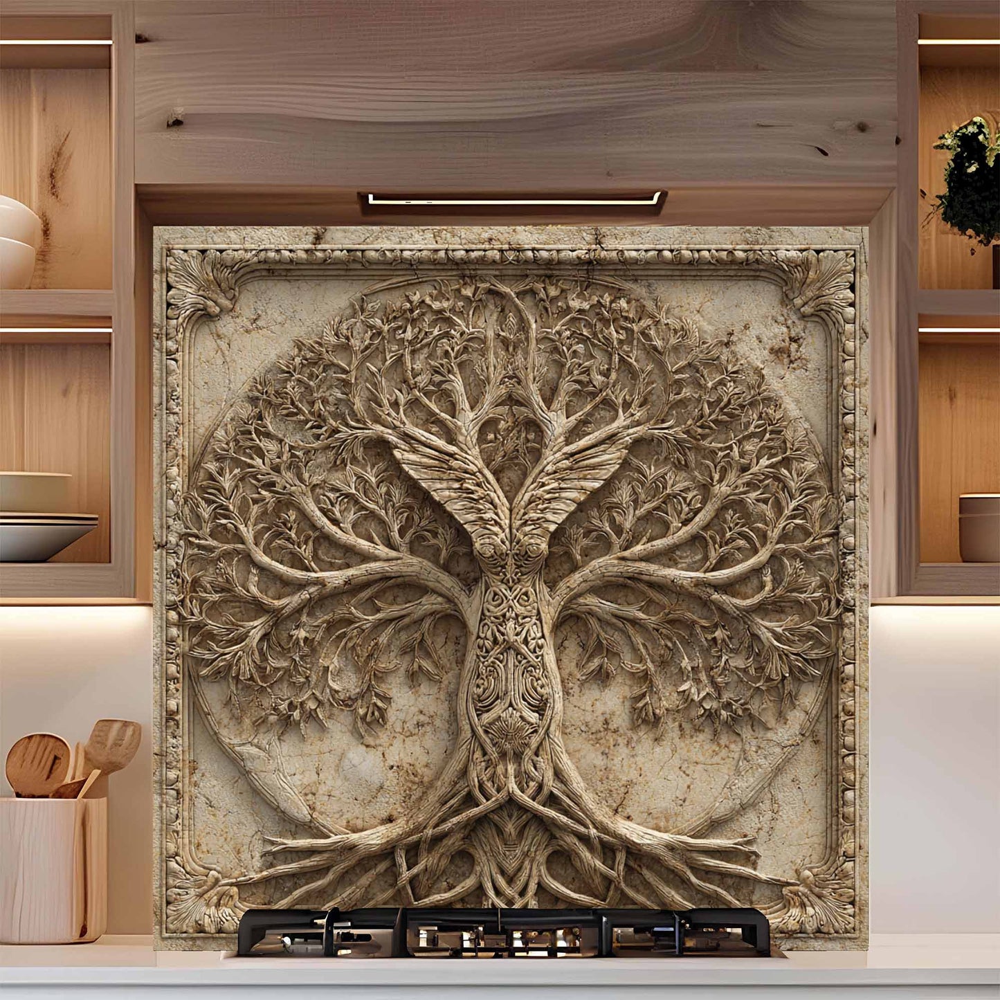 Winged Tree Tempered Glass Backsplash – Tree of Life Kitchen Backsplash