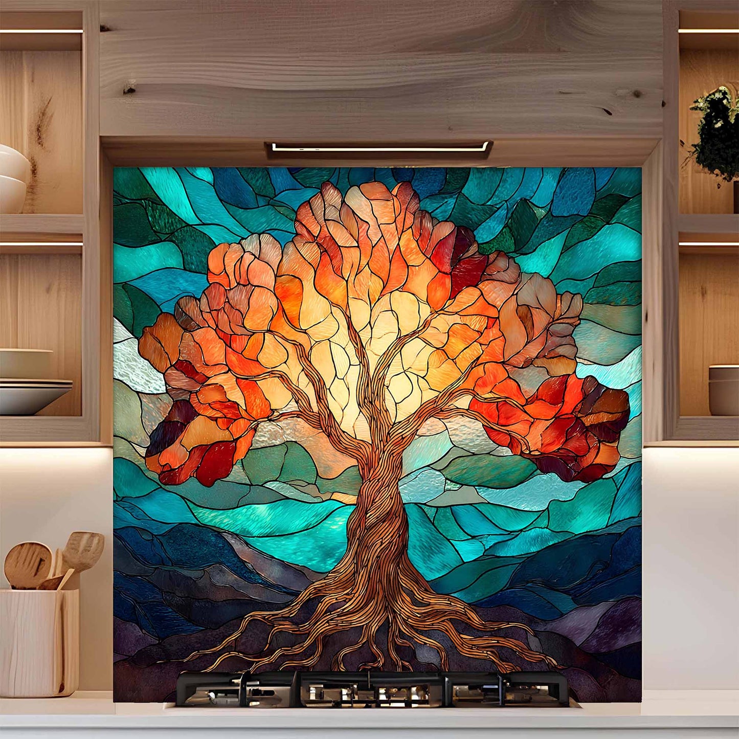 Stained Light Tree Glass Backsplash – Kitchen Backsplash for Stove