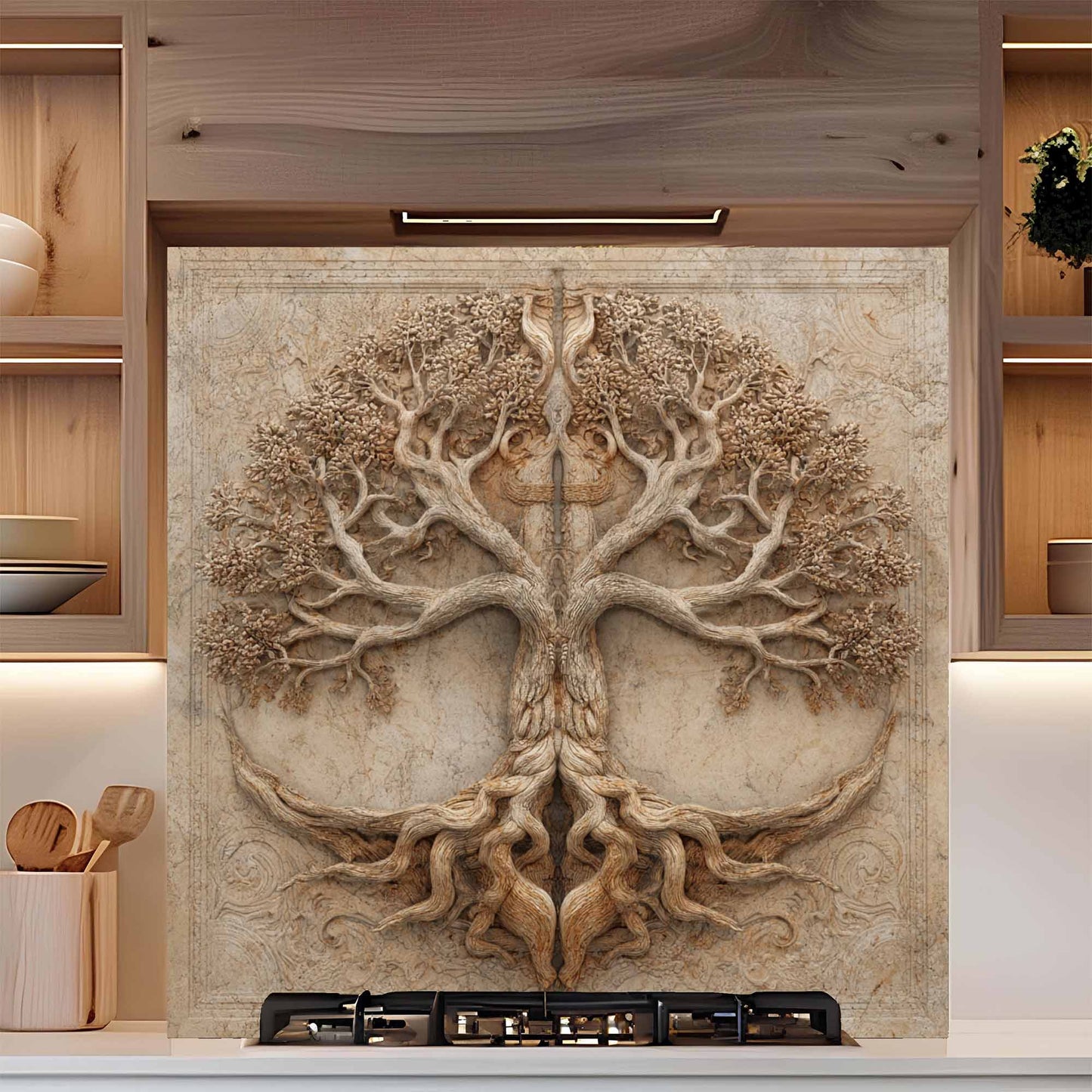Stone Root Tempered Glass Backsplash – Tree of Life Kitchen Backsplash
