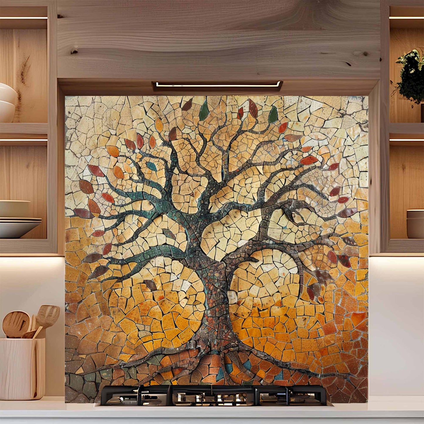 Rustic Tempered Glass Backsplash – Autumn Mosaic Tree of Life Kitchen Backsplash