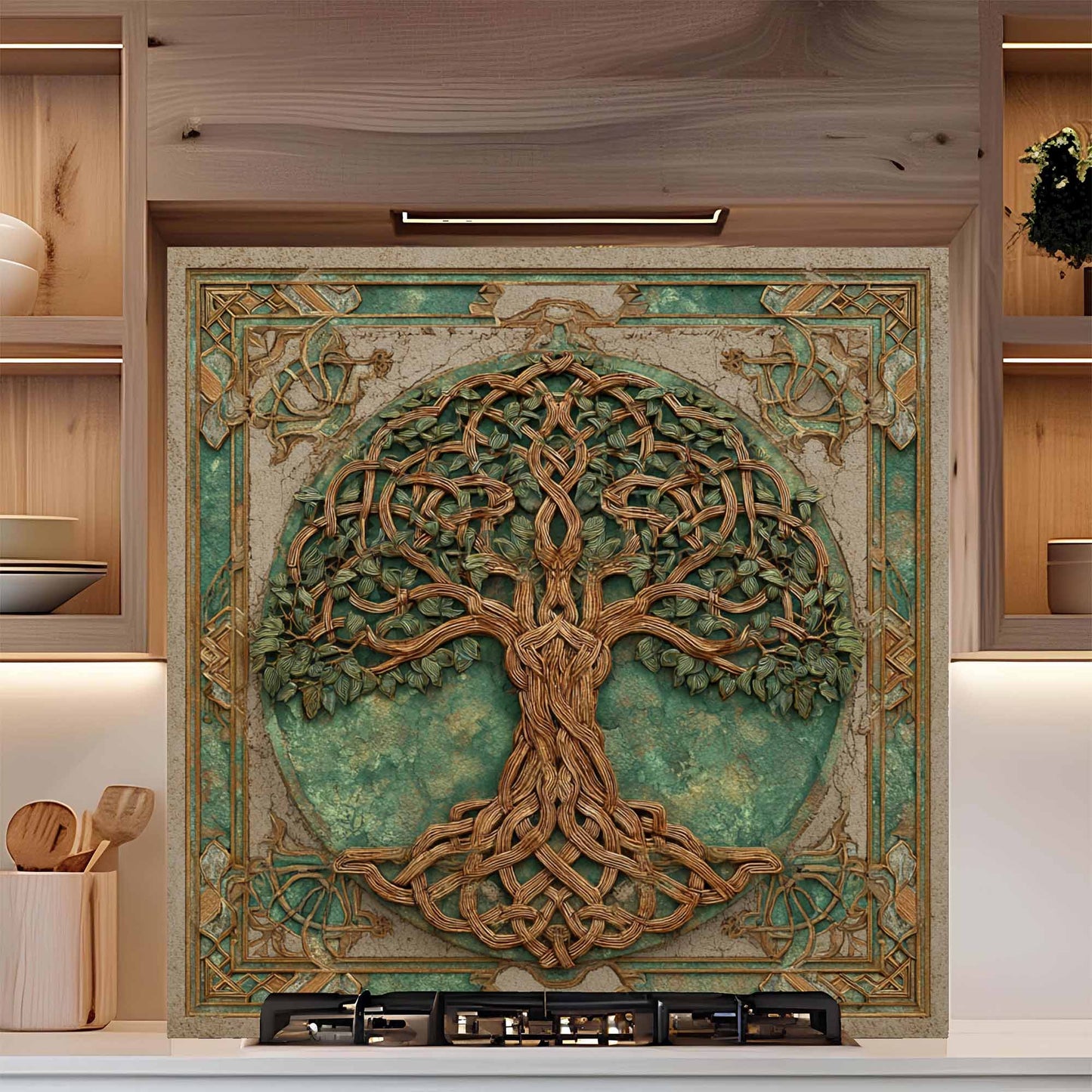 Verdant Weave Tempered Glass Backsplash – Tree of Life Kitchen Backsplash