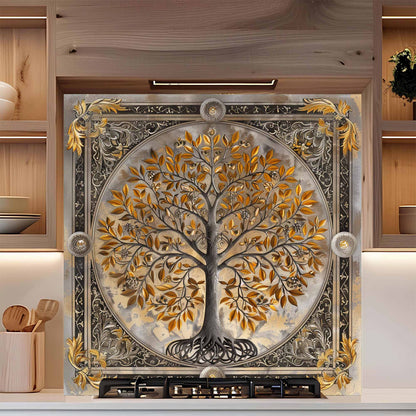 Gilded Harmony Tree of Life Kitchen Backsplash – Tempered Glass Backsplash for Stove
