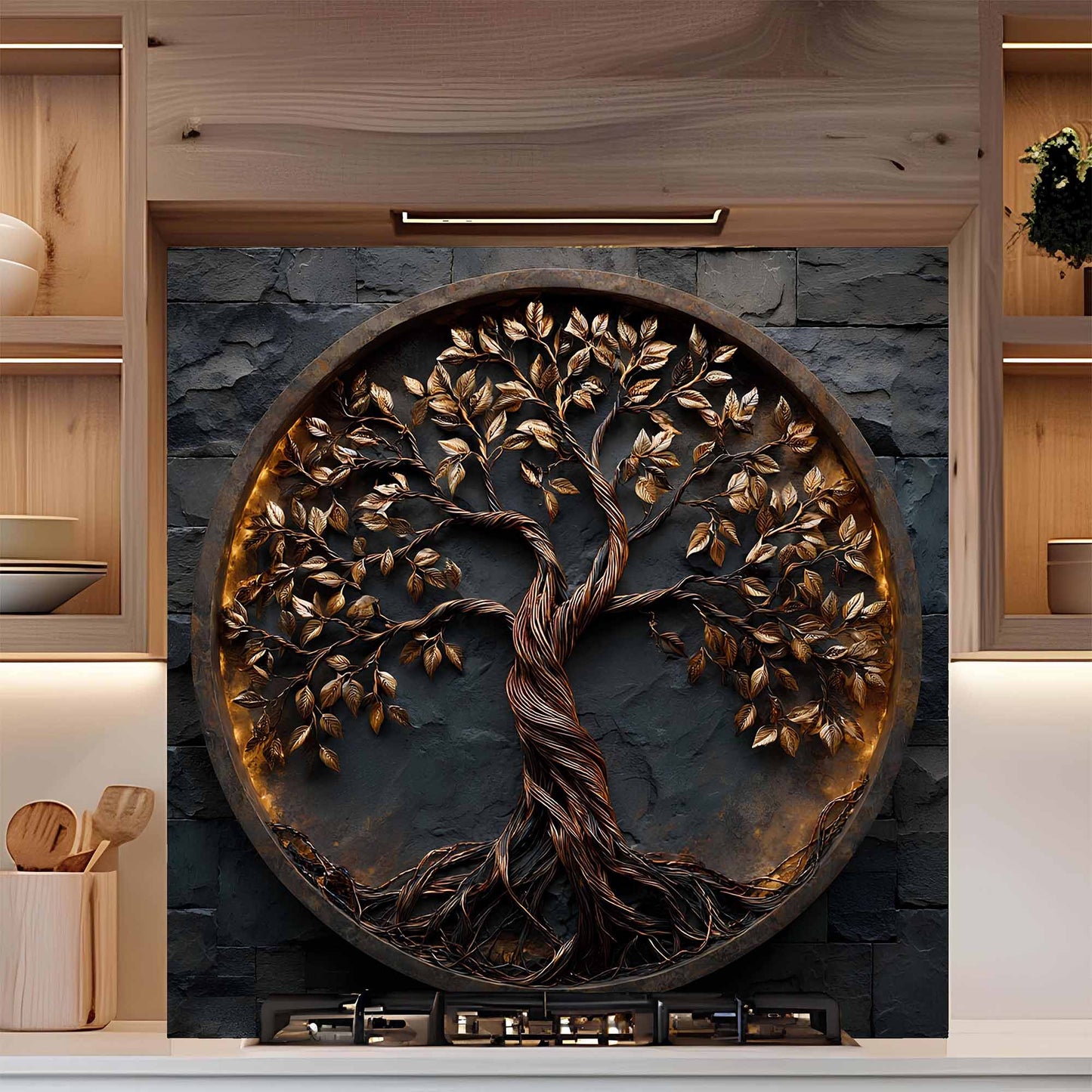 Shadowroot Circle Tree Glass Backsplash – Tempered Glass Backsplash for Kitchen