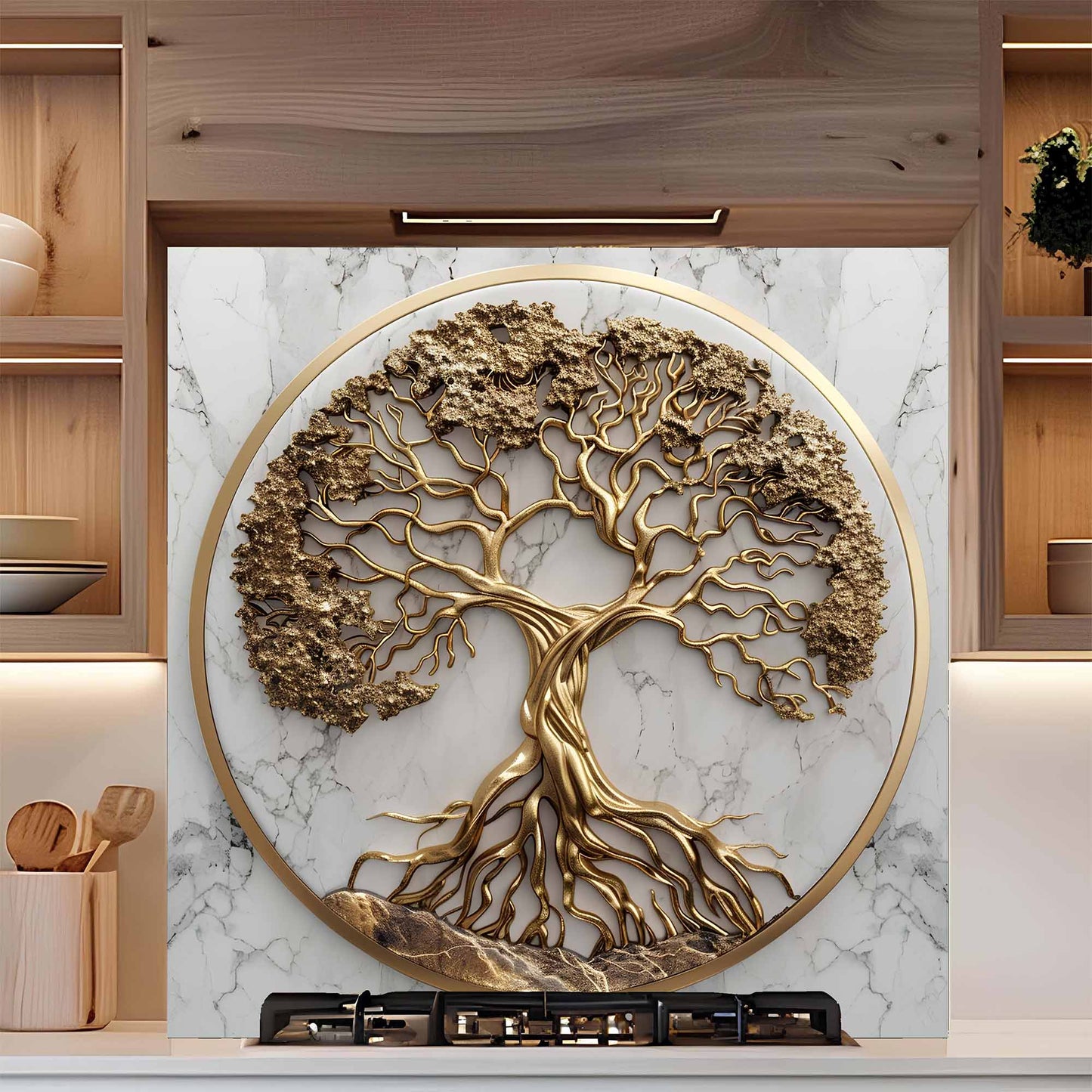 Golden Marble Tree Kitchen Backsplash – Tempered Glass Backsplash for Stove