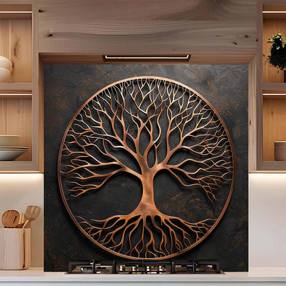Brushed Roots Tempered Glass Backsplash – Copper Look Tree of Life Kitchen Backsplash