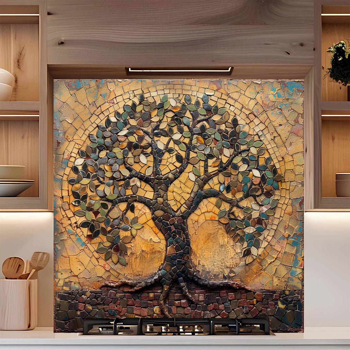 Rustic Mosaic Kitchen Backsplash – Mediterranean Tree of Life Glass Backsplash