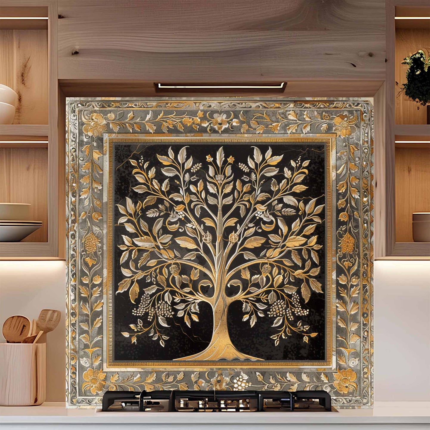 Regal Bloom Tempered Glass Backsplash – Tree of Life Kitchen Backsplash Behind Stove