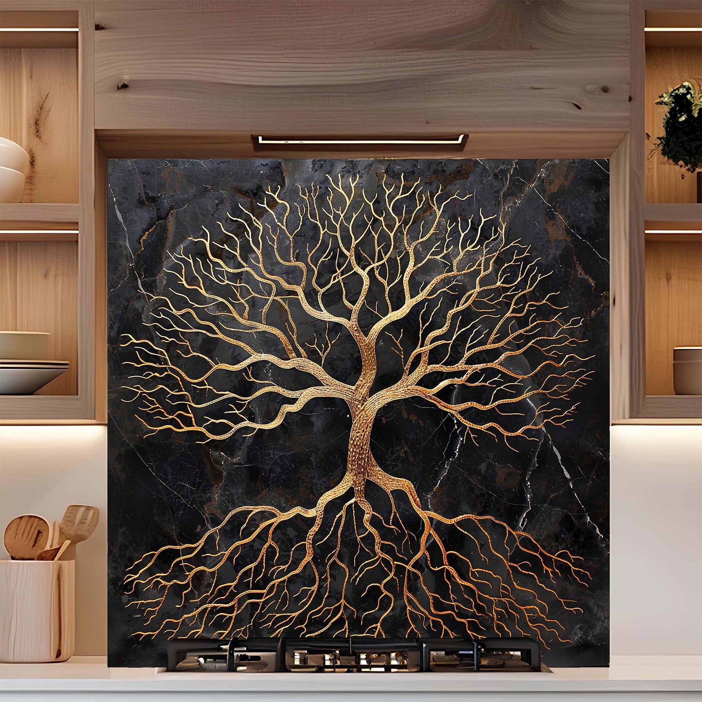 Golden Rooted Tree Glass Backsplash – Kitchen Backsplash Behind Stove