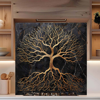 Golden Rooted Tree Glass Backsplash – Kitchen Backsplash Behind Stove