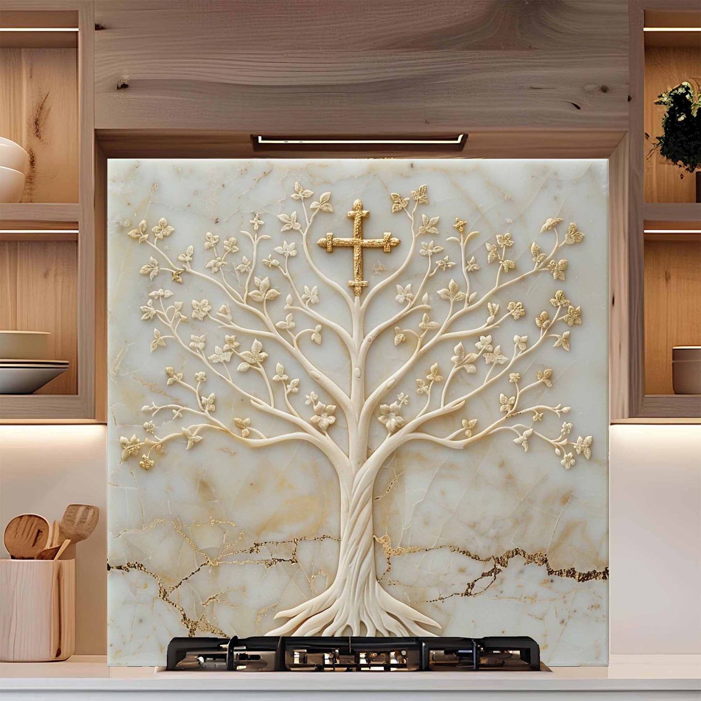 Divine Ivory Tempered Glass Backsplash – Gold Cross Tree of Life Kitchen Backsplash