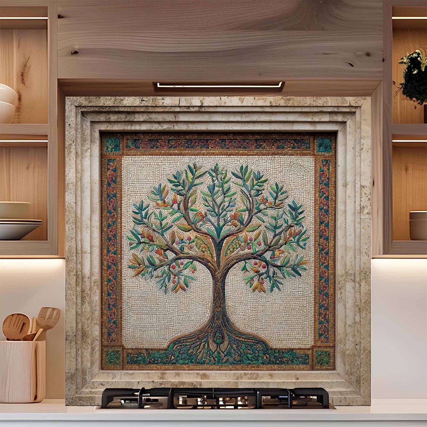 Mosaic Harvest Tempered Glass Backsplash – Mediterranean Tree of Life Kitchen Backsplash