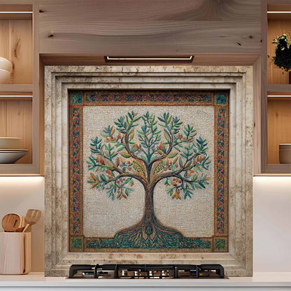 Mosaic Harvest Tempered Glass Backsplash – Mediterranean Tree of Life Kitchen Backsplash