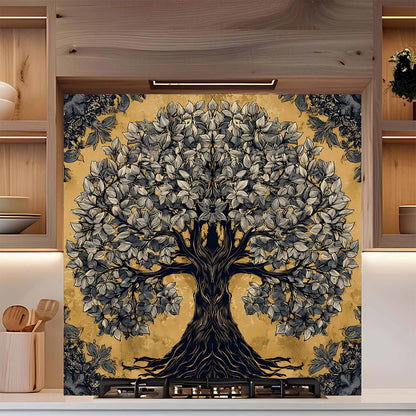 Golden Grove Tree Glass Backsplash – Kitchen Backsplash Tile in Tempered Glass