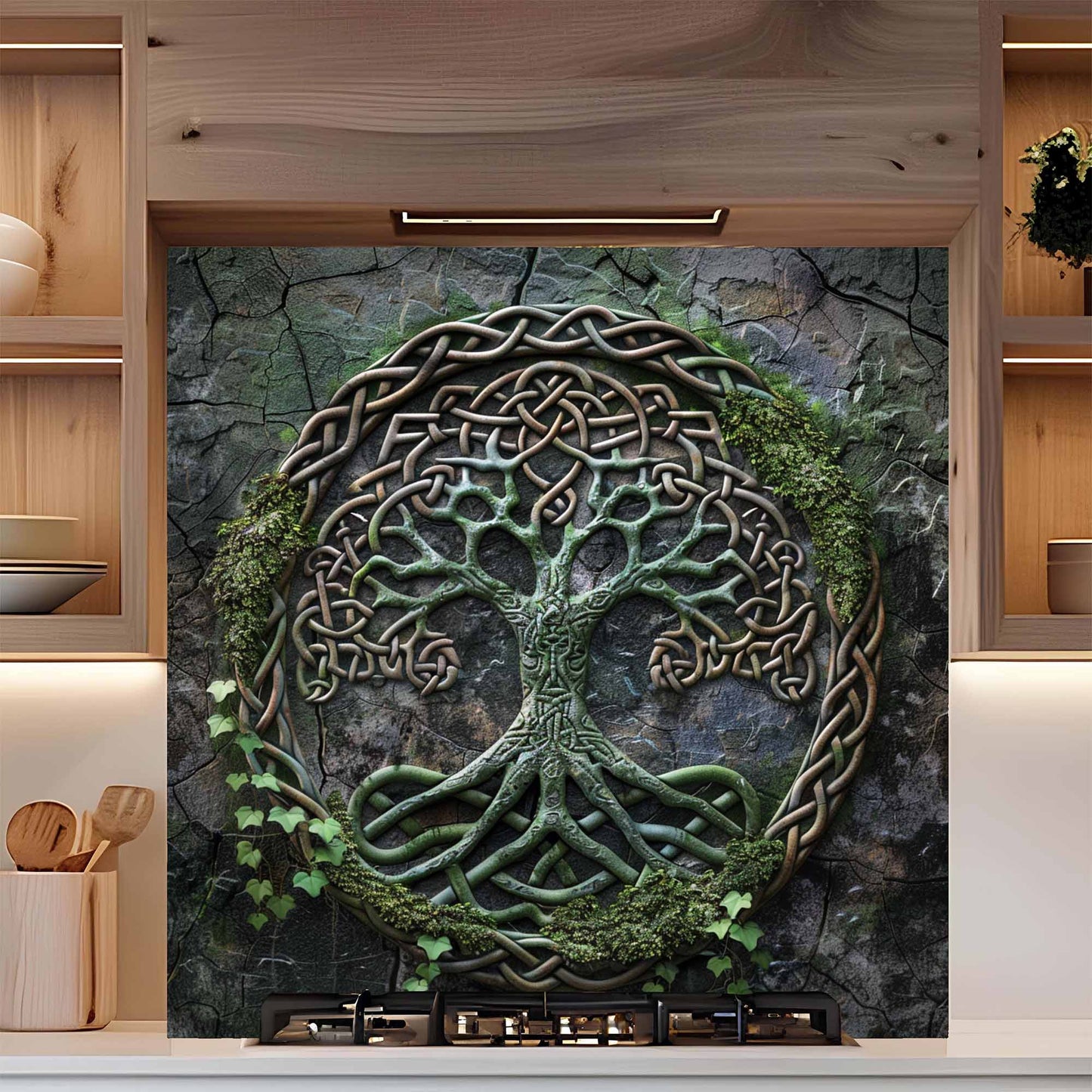 Celtic Roots Tempered Glass Backsplash – Tree of Life Kitchen Backsplash for Stove