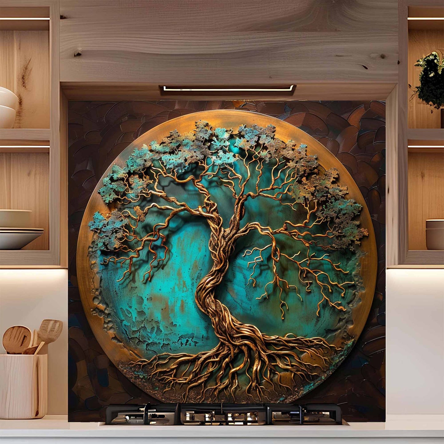 Verdigris Copper Tree Tempered Glass Backsplash – Rustic Glass Backsplash for Kitchen