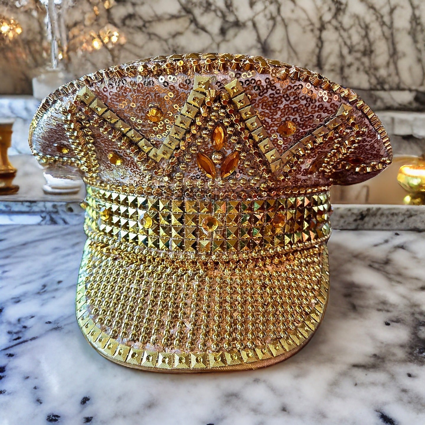 Gold Rhinestone Hat / Sequin Hat / Party Captain Hat / Festival Hat / EDC Hat, Rave Hat / Birthday Hat / Custom Phrase Hat