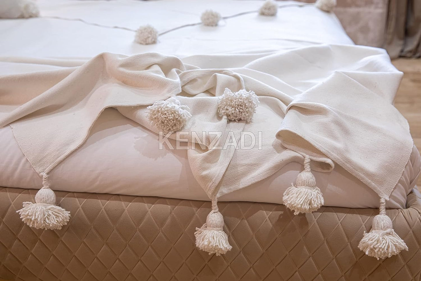 Handmade Pompom Blanket, Throw Blanket, Pom Pom Blanket, Boho Blanket, Bed Cover, Warm Blanket, Cozy Blanket (White with pom White, King (U.S. Standard))