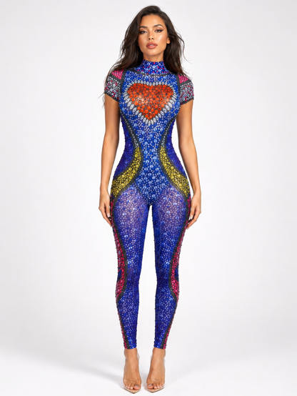 Heartthrob Rhinestone Bodysuit – Blue Crystal Heart Rave Festival Catsuit