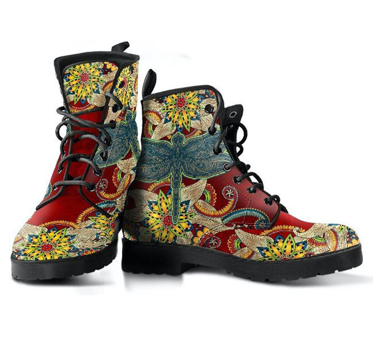 Red Floral Dragonfly  Memory Foam Boots | All Season Lace Up Boots | Vegan Leather Combat Boot