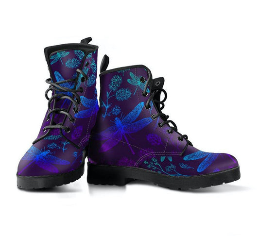 Purples and Blues Dragonfly  Memory Foam Boots | All Season Lace Up Boots | Vegan Leather Combat Boot