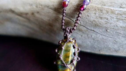 Tiger Eye Macrame Necklace | Stone for Protection | Unisex Healing Crystal | Micro Macrame