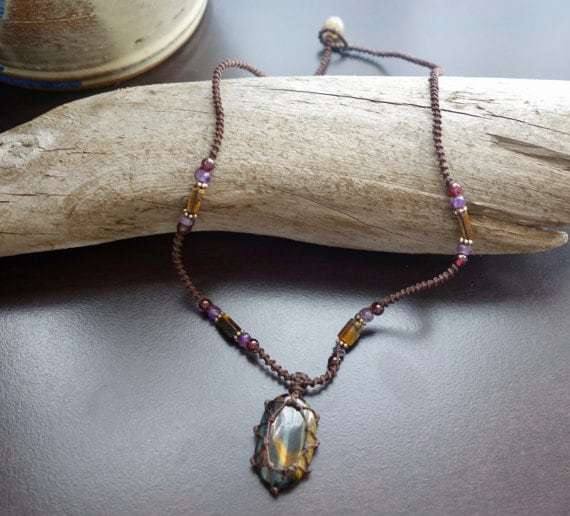 Tiger Eye Macrame Necklace | Stone for Protection | Unisex Healing Crystal | Micro Macrame