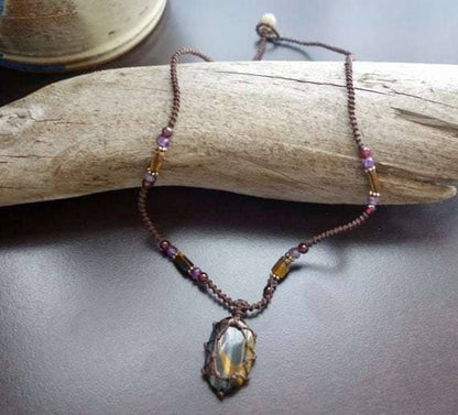 Tiger Eye Macrame Necklace | Stone for Protection | Unisex Healing Crystal | Micro Macrame