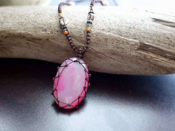 Pink Agate Macrame Necklace | Stone of Protection | Micro-Macrame | Unisex, Healing Crystal Jewelry
