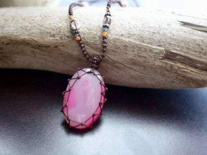 Pink Agate Macrame Necklace | Stone of Protection | Micro-Macrame | Unisex, Healing Crystal Jewelry