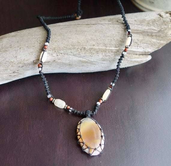 Milk Agate Macrame Necklace | Stone of Protection | Micro-Macrame | Unisex, Healing Crystal Jewelry