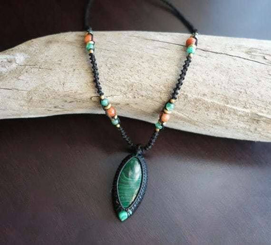 Green Malachite Macrame Necklace | Intense Amplification Healing Crystal