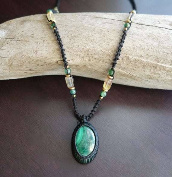 Green Malachite Macrame Necklace | Intense Amplification Healing Crystal