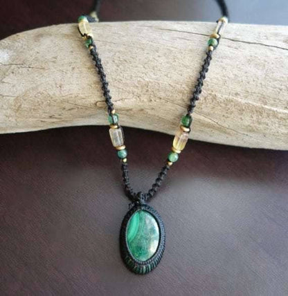 Green Malachite Macrame Necklace | Intense Amplification Healing Crystal