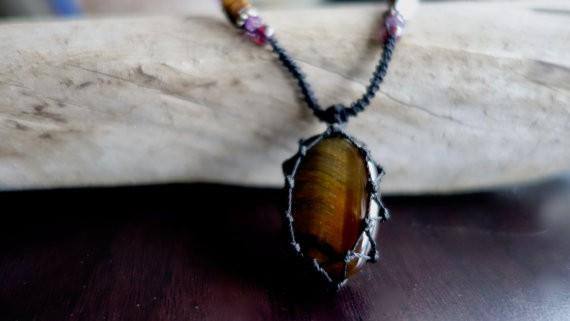 Tiger Eye Macrame Necklace | Stone for Protection | Unisex Healing Crystal | Micro Macrame