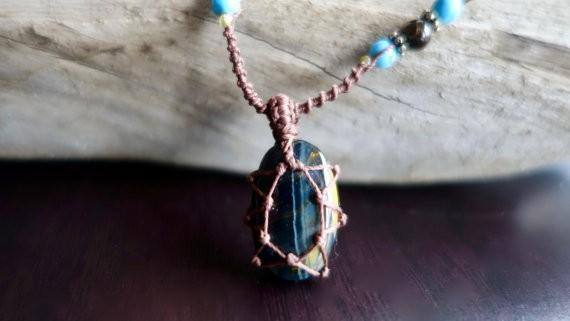 Tiger Eye Macrame Necklace | Stone for Protection | Unisex Healing Crystal | Micro Macrame