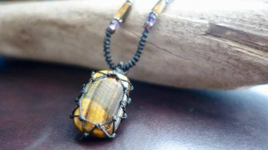 Tiger Eye Macrame Necklace | Stone for Protection | Unisex Healing Crystal | Micro Macrame