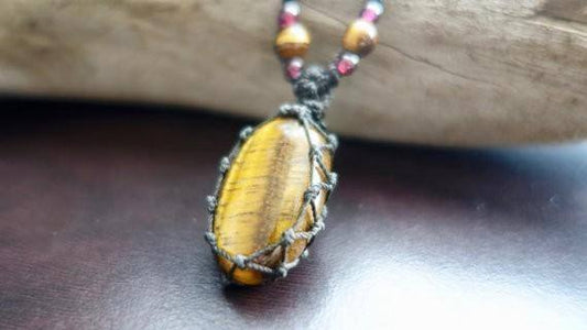 Tiger Eye Macrame Necklace | Stone for Protection | Unisex Healing Crystal | Micro Macrame