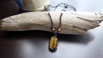 Tiger Eye Macrame Necklace | Stone for Protection | Unisex Healing Crystal | Micro Macrame