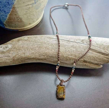 Tiger Eye Macrame Necklace | Stone for Protection | Unisex Healing Crystal | Micro Macrame