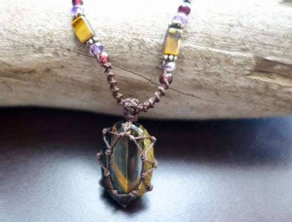 Tiger Eye Macrame Necklace | Stone for Protection | Unisex Healing Crystal | Micro Macrame