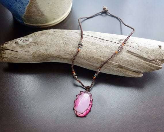 Pink Agate Macrame Necklace | Stone of Protection | Micro-Macrame | Unisex, Healing Crystal Jewelry